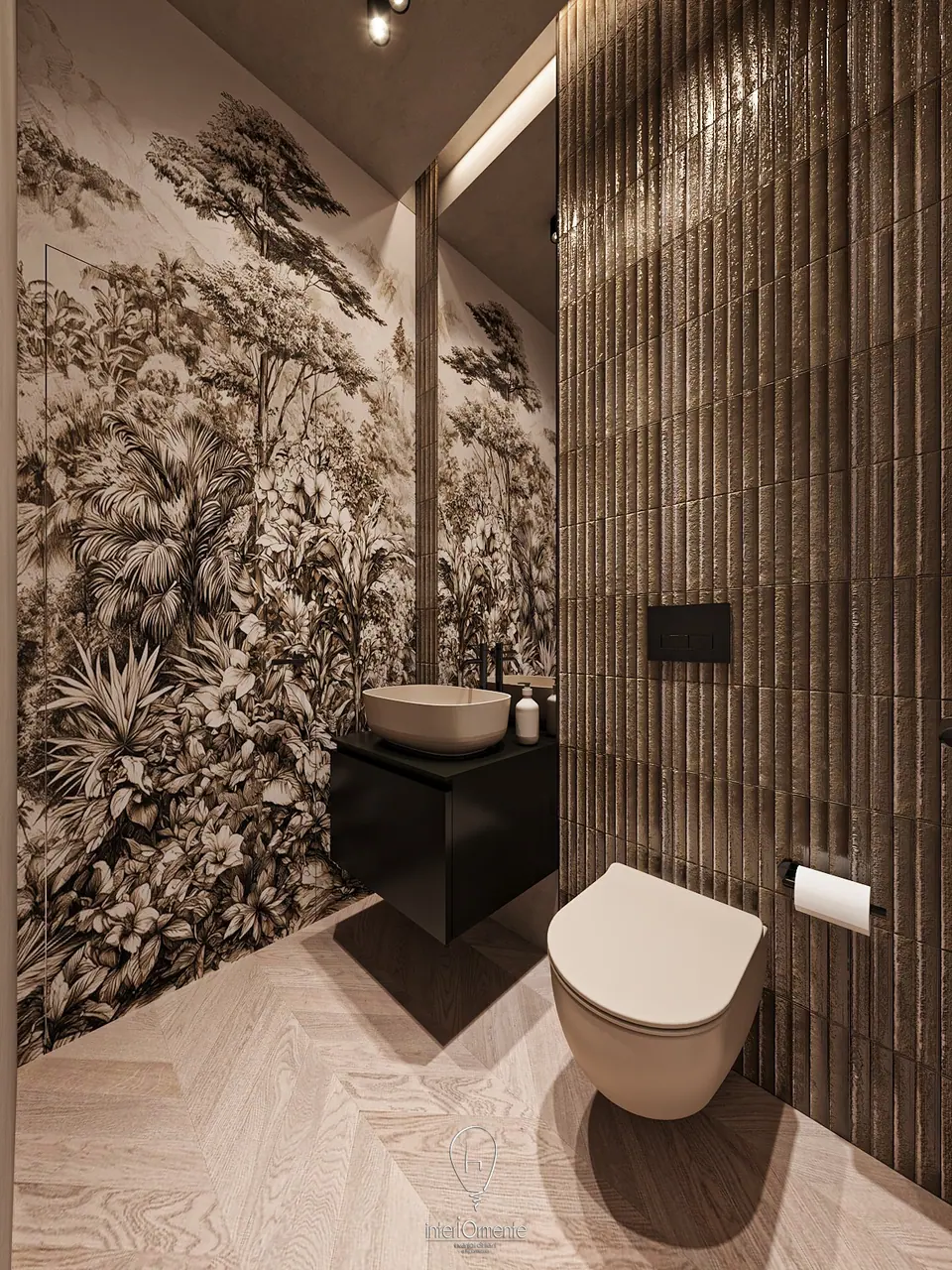 Bagno con carta da parati a giungla in bianco e nero, piastrelle verticali color bronzo, lavabo d'appoggio su mobile nero e sanitari sospesi tortora