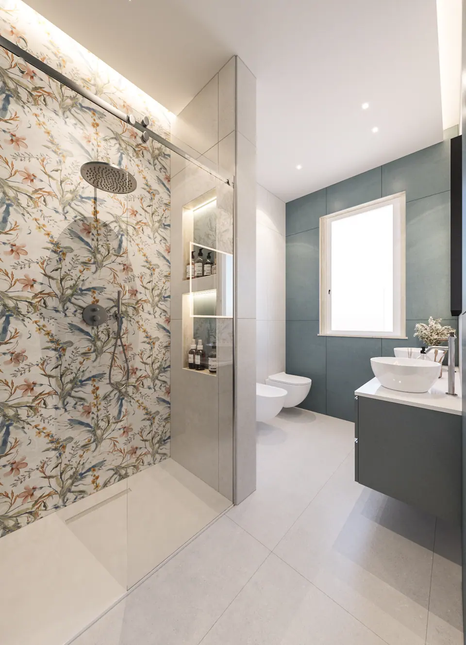 Bagno con doccia rivestita in lastra di marmo a decoro floreale, mobile sospeso verde e lavabo d'appoggio