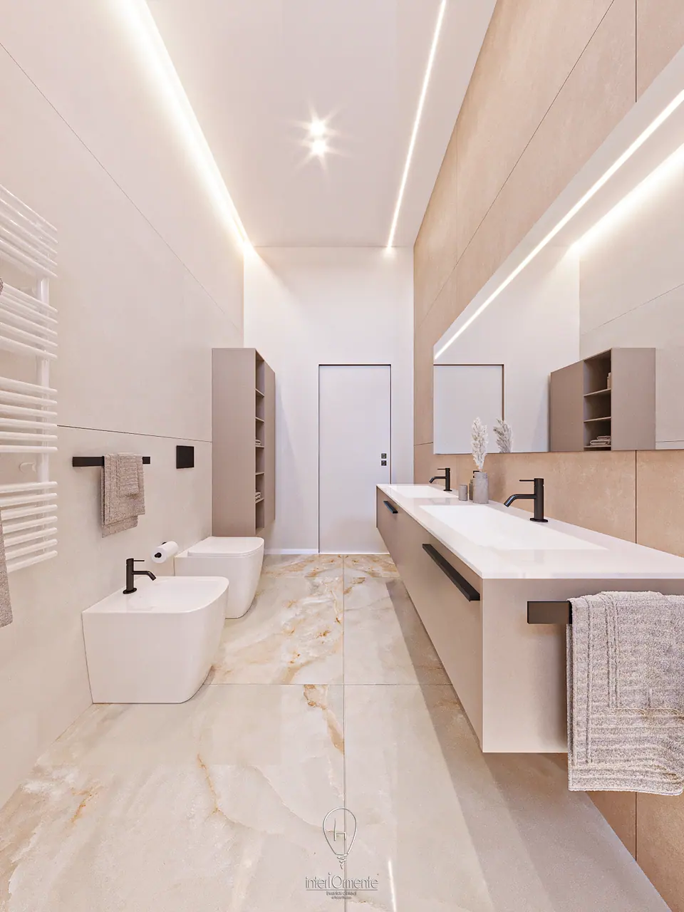 Bagno con doppio lavabo sospeso, pavimento effetto onice e luce lineare a soffitto
