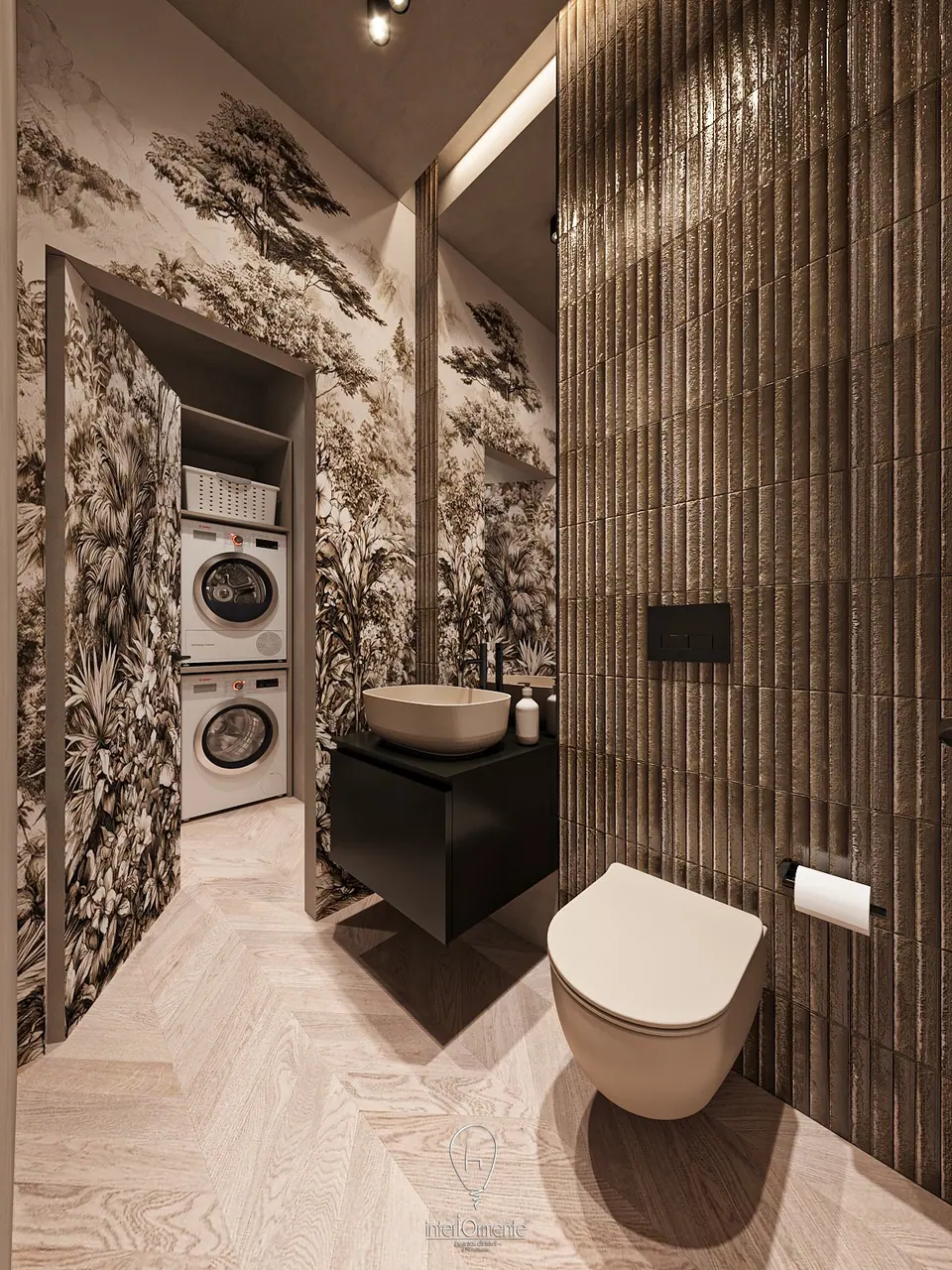 Bagno con parete a giungla in bianco e nero e nicchia lavanderia con lavatrice e asciugatrice in colonna