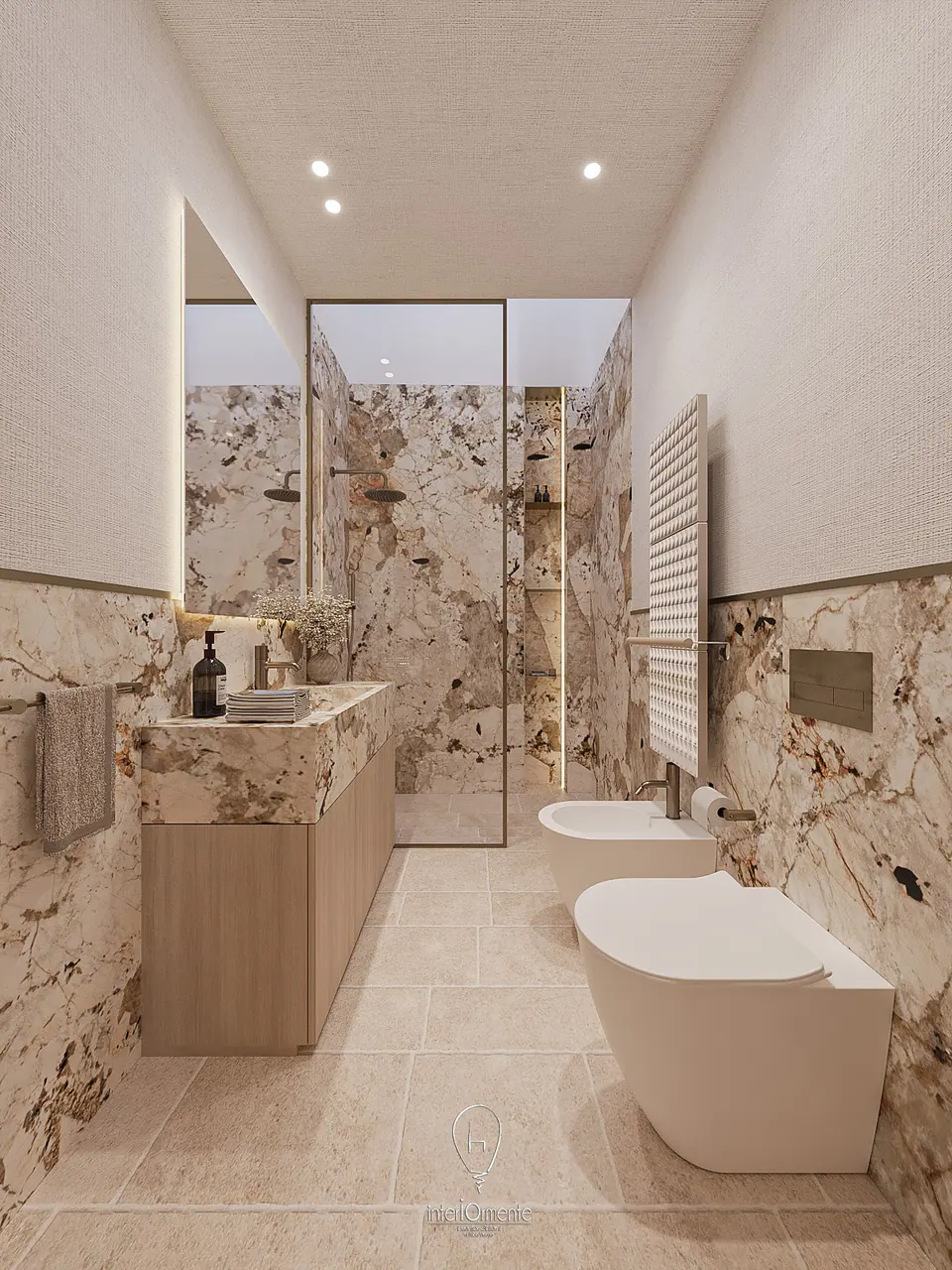 Bagno in marmo Patagonia con doppio lavabo su base in legno e doccia a vista