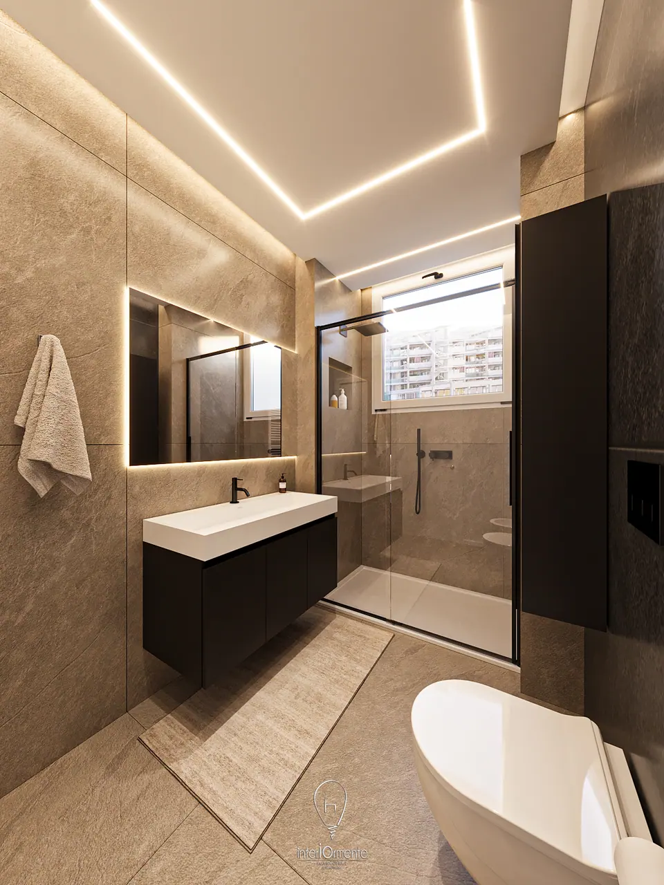Bagno in gres effetto travertino con mobile scuro, specchio retroilluminato e vasca ovale