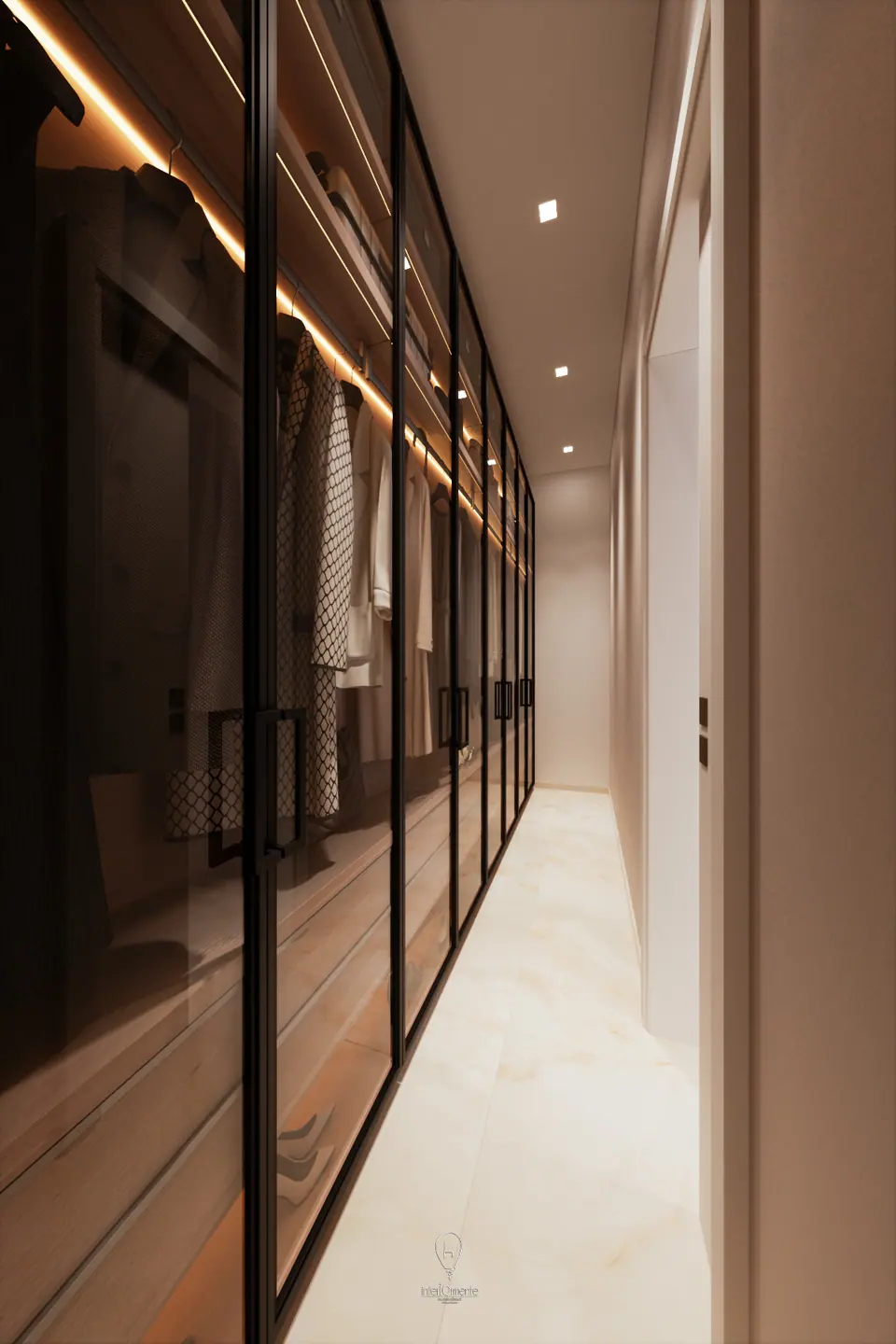 Cabina armadio con ante in vetro fumé, profili neri e illuminazione interna