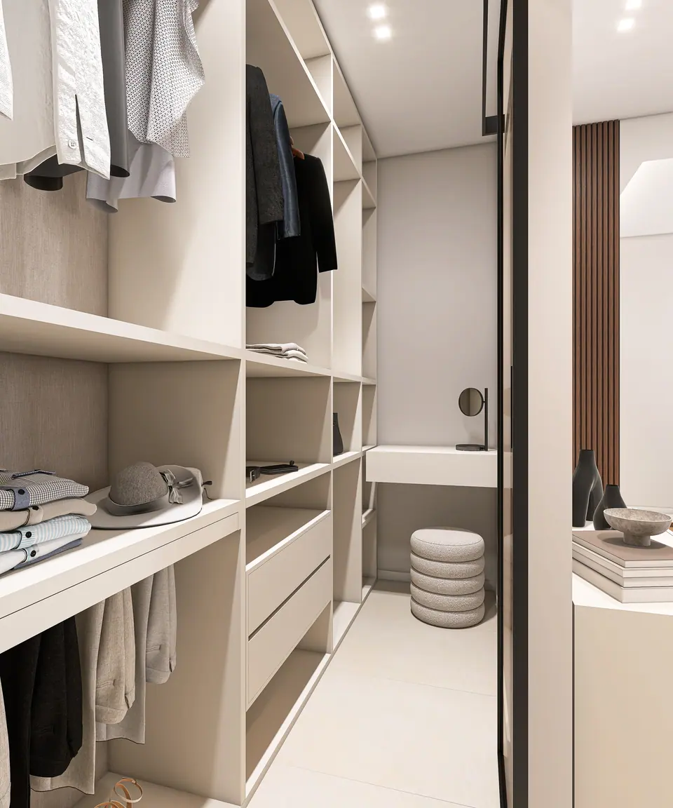 Cabina armadio bianca con specchio a tutta altezza, pouf e ripiani per accessori
