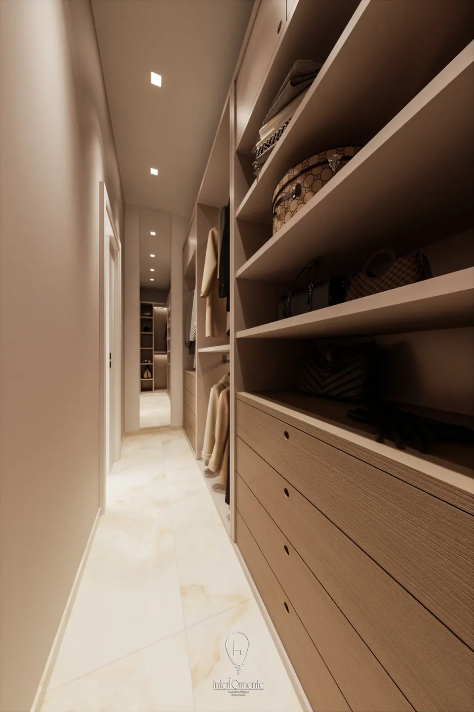 Cabina armadio in rovere con ripiani aperti, cassettiera bassa e appenderia in linea