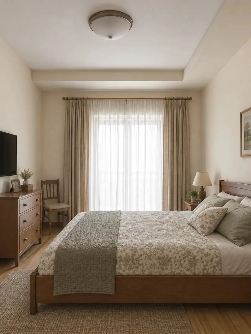 Simulazione con AI della camera prima del progetto, con letto in legno, copriletto a fiori e plafoniera
