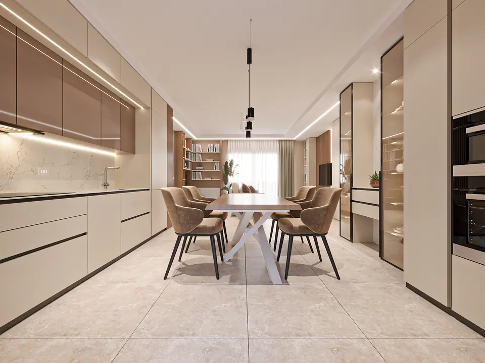 Cucina beige open space con tavolo da pranzo e libreria a giorno