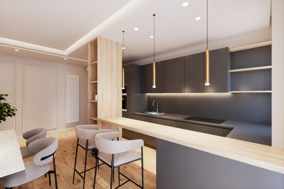 Cucina con ante nere, isola in legno chiaro e lampade sospese lineari
