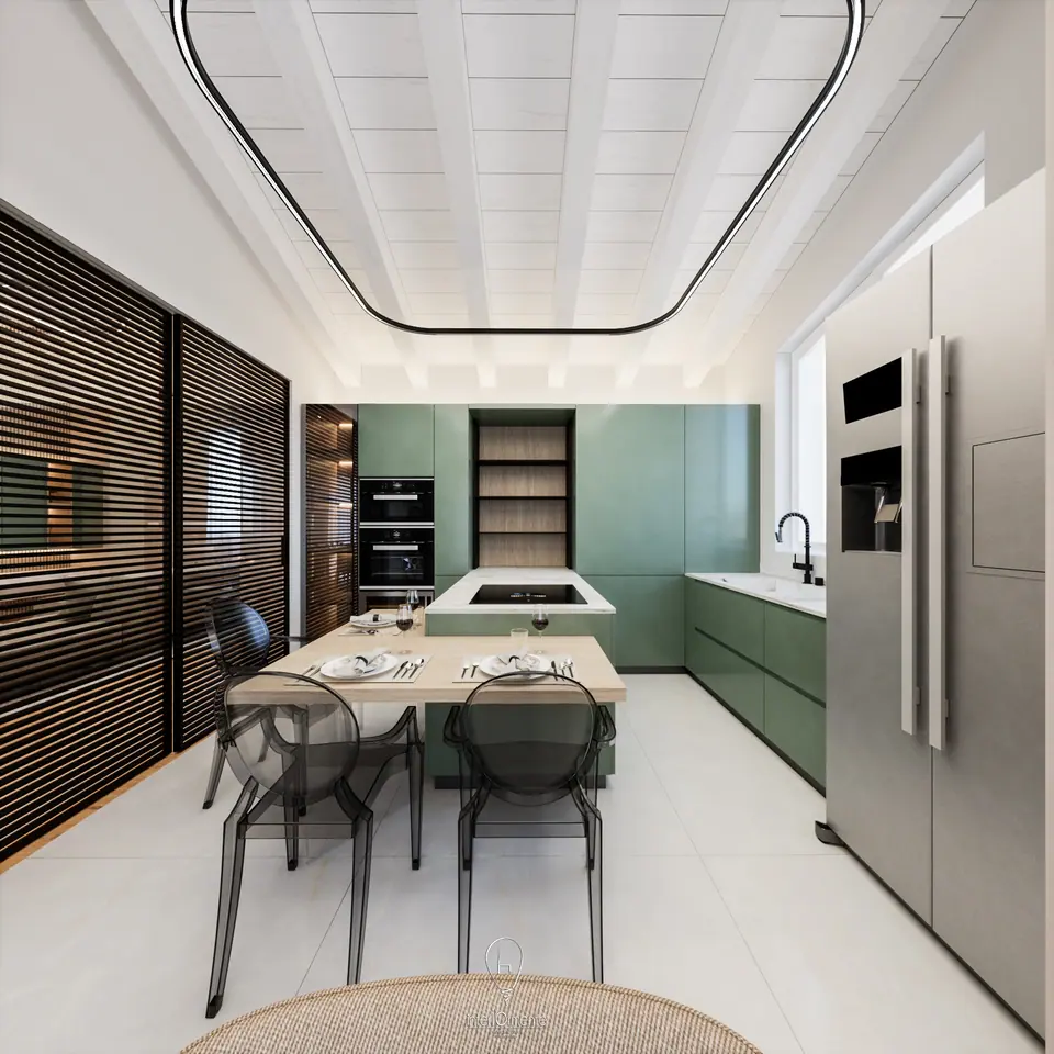 Cucina verde salvia con penisola, vetrata nera e soffitto a cassettoni