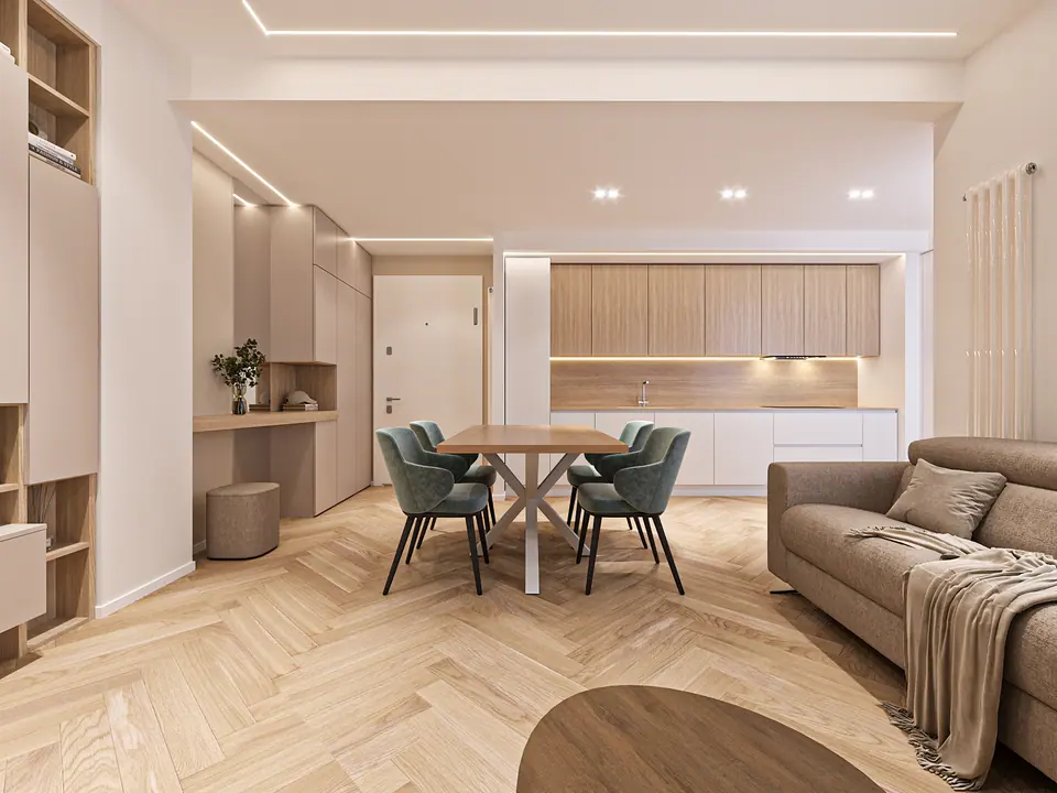 Zona pranzo con tavolo in legno, sedute verdi e parquet a spina di pesce