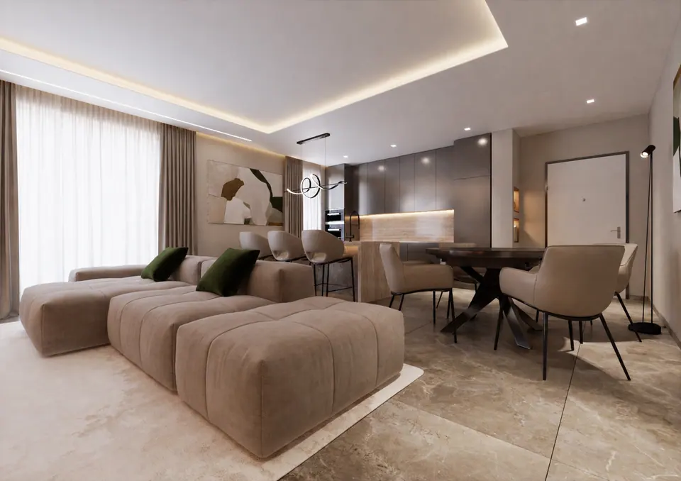 Soggiorno con pouf grande, boiserie in noce e zona pranzo