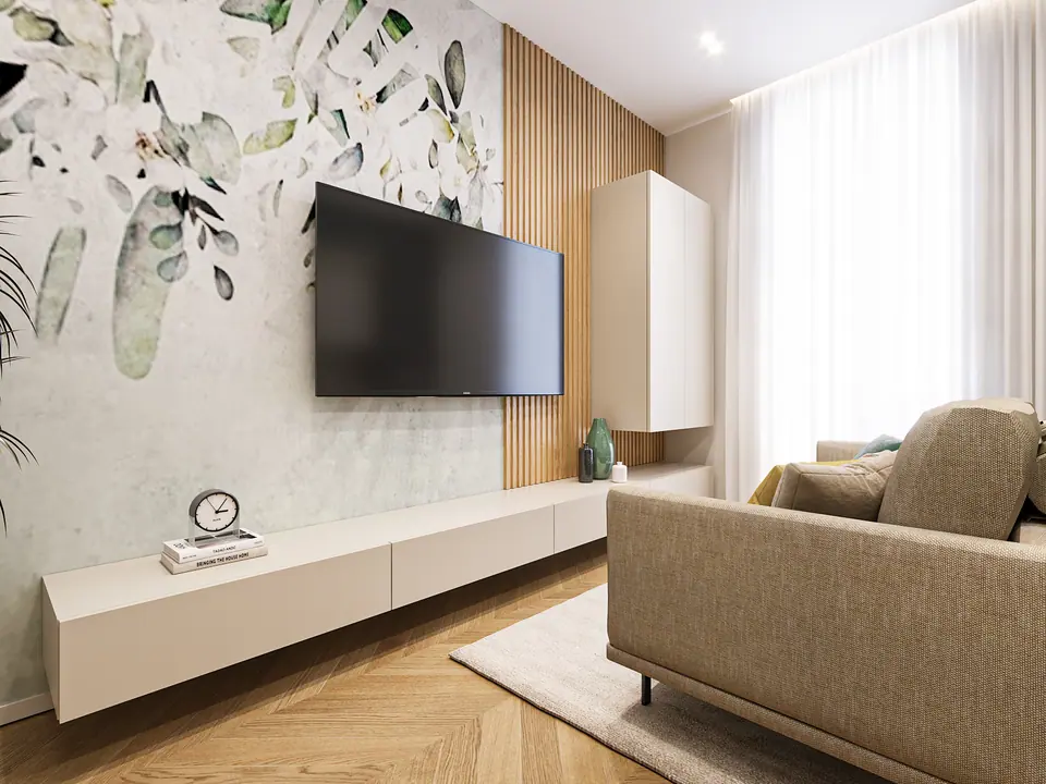 Parete televisione a doghe di legno con carta da parati botanica e mobile sospeso