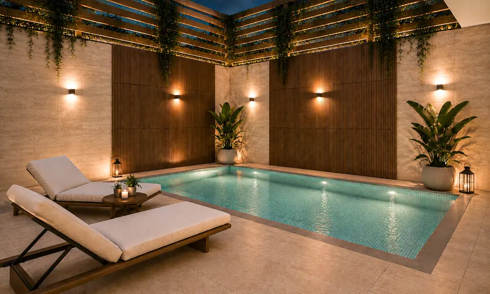 Piscina coperta con pergolato in legno, verde pensile e lettini a bordo vasca
