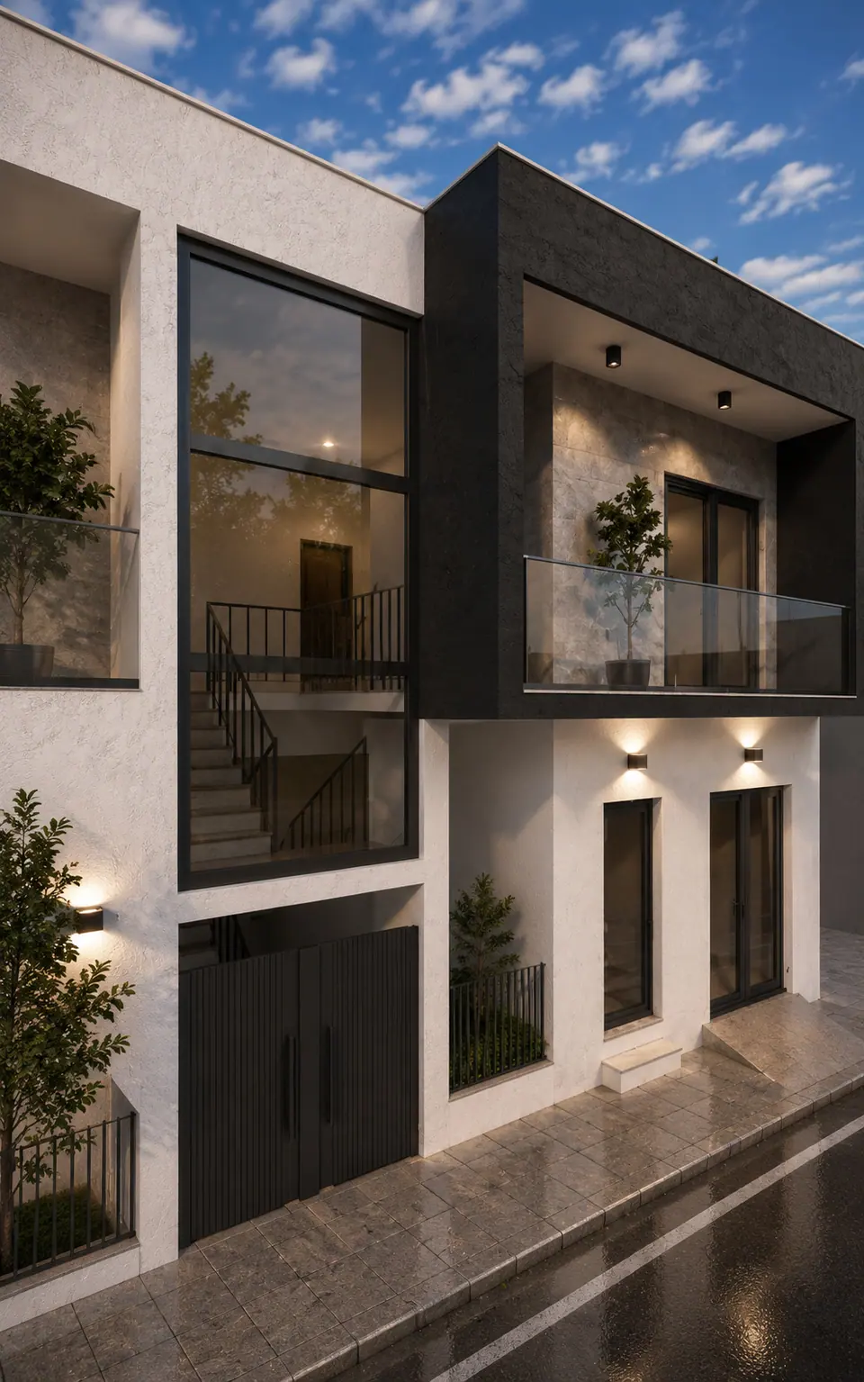 Prospetto con vetrata a tutta altezza, balcone in vetro e volume scuro
