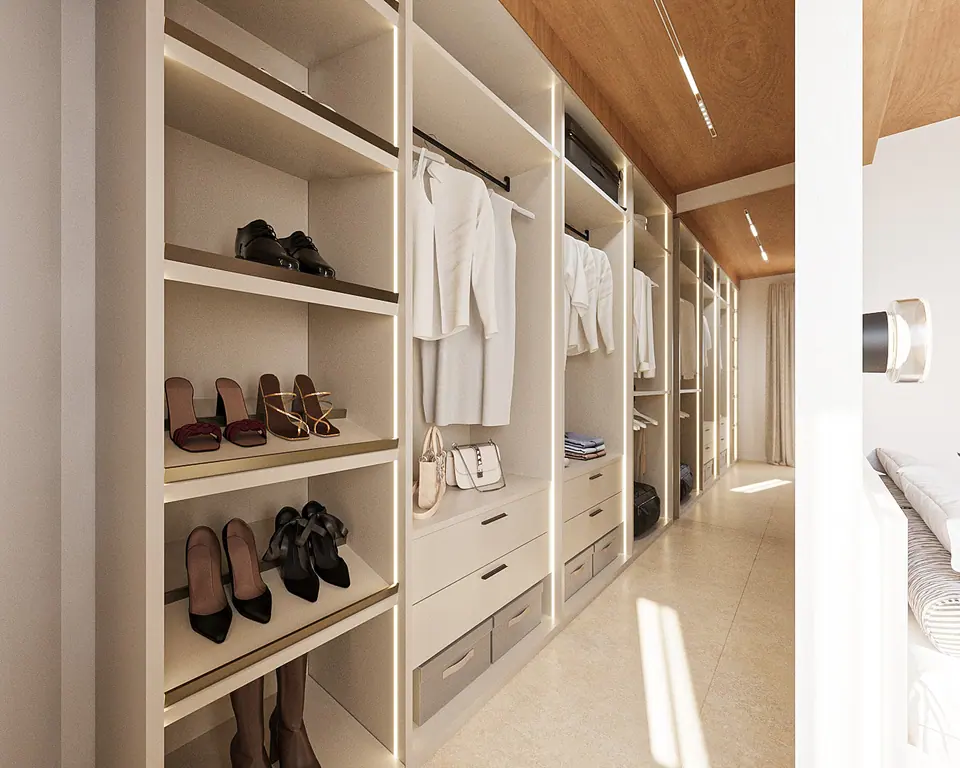 Render 3D di una cabina armadio con ripiani per scarpe, appenderia e cassettiere