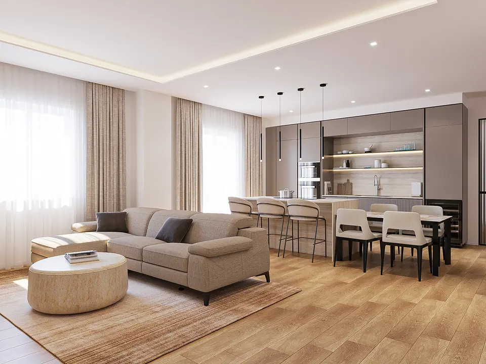 Render 3D di un open space con cucina, penisola e divano
